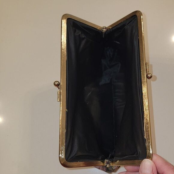 Floral Tapestry Vintage Snap Clutch Bag Lined Hangbag Gold Tone Trim - Picture 8 of 8